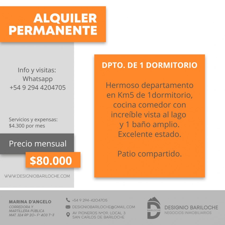 Departamento de 1 dormitorio en alquiler permanente - Bariloche