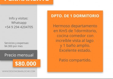 Departamento de 1 dormitorio en alquiler permanente - Bariloche